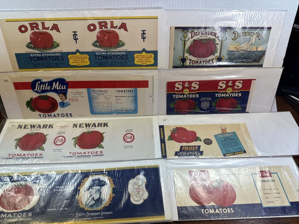 Lot 8 Tomatoes Vtg Unused Can Label Mid-Century Decor MCM Tomato Bright